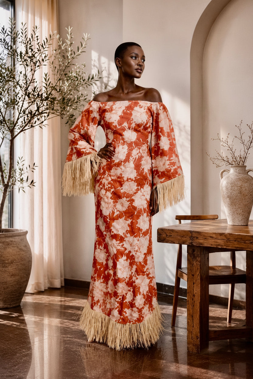 off-the-shoulder column dress Basque-Neck Floral Satin Column Maxi Dress with Off-the-Shoulder Bows