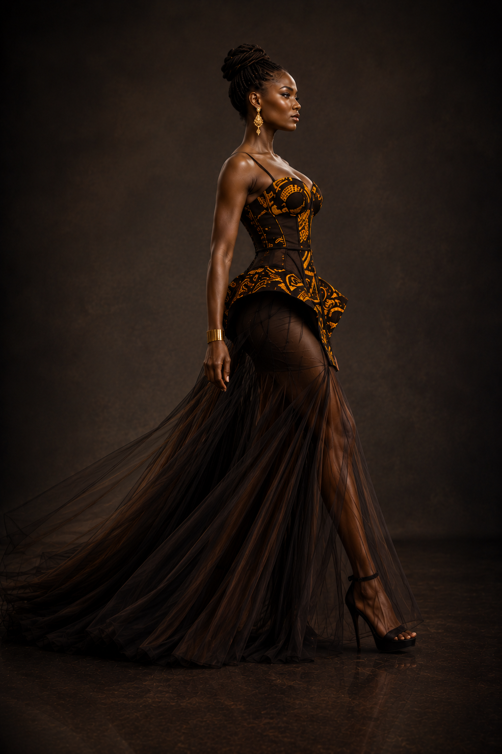 Woman in a dark, elegant African Print Corset Evening Gown — Architectural Couture Column Dress | PRE ORDERagainst a dark background
