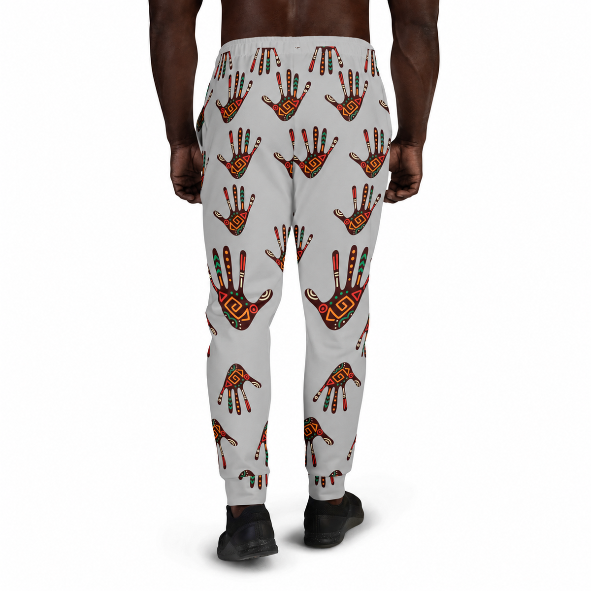 African Print Men's Joggers — Duro Tribal Palm Print Grey Fleece Sweatpants