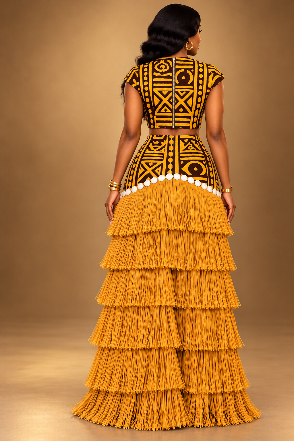 African Print Two-Piece Set Women: Zola Adire Raffia Fringe Skirt and Crop Top