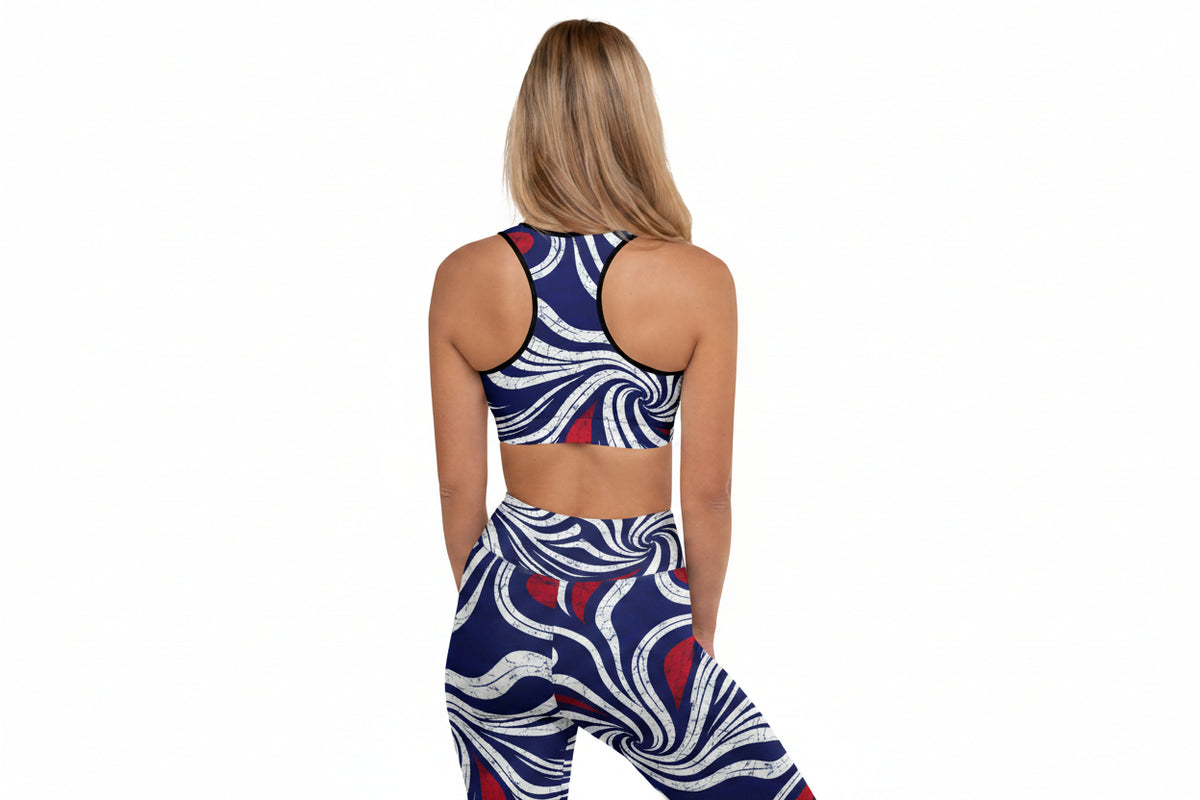 Model wearing OMI padded African print sports bra for Juneteenth