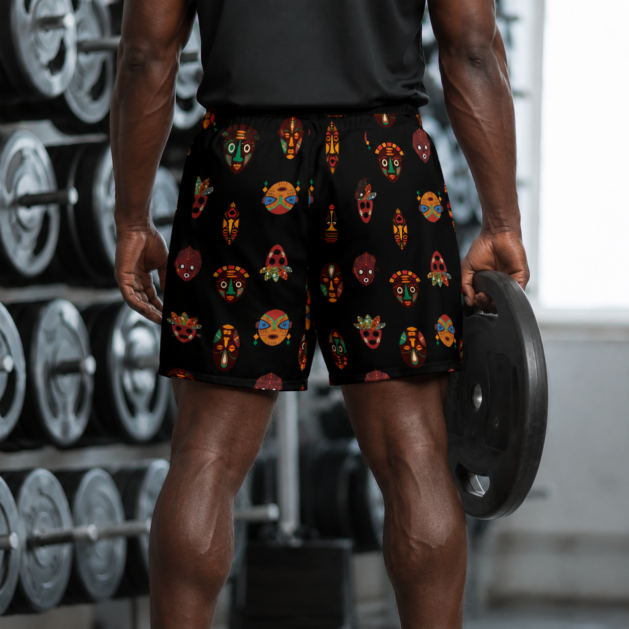 Chi Heritage Mask Motif African Print Recycled Men's Athletic Performance Shorts - 6.5" Inseam