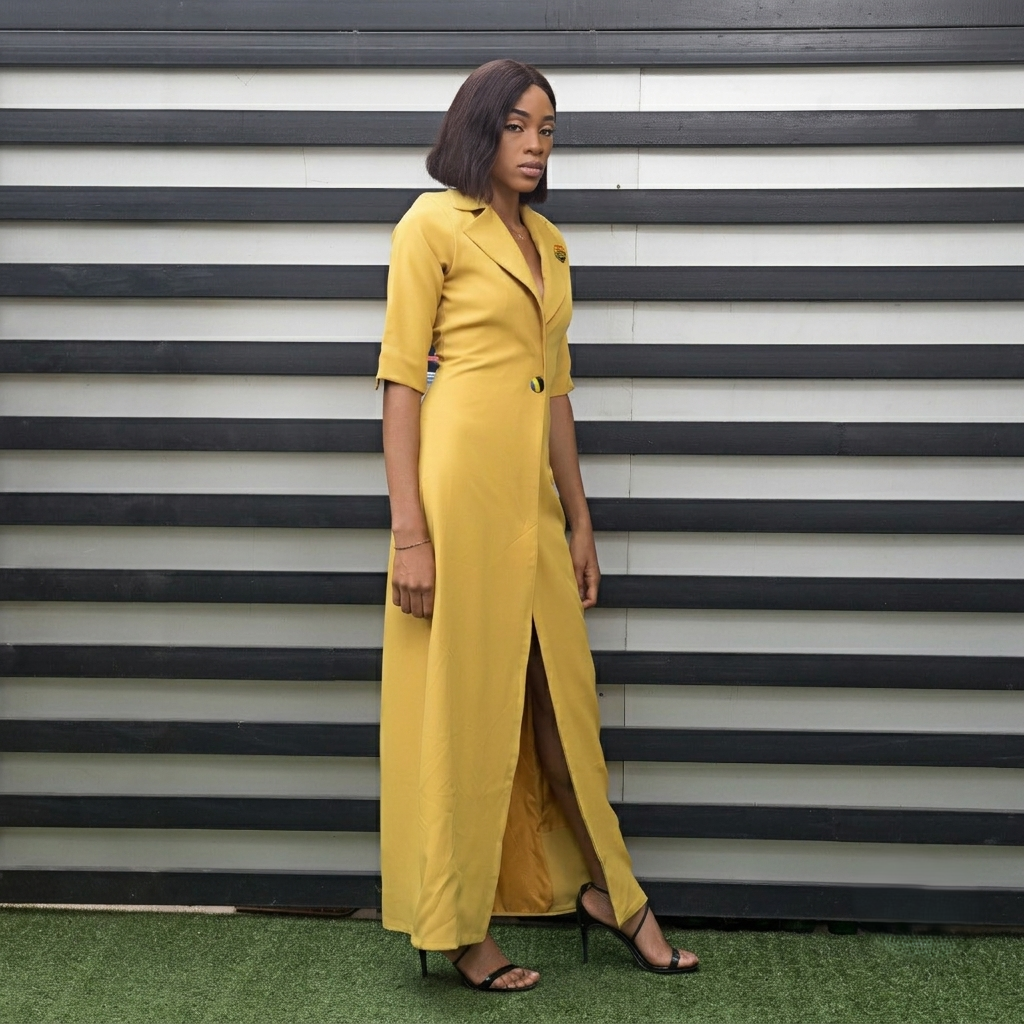 Shuri Mustard Yellow Tuxedo Maxi Dress – ASAKE-OGE