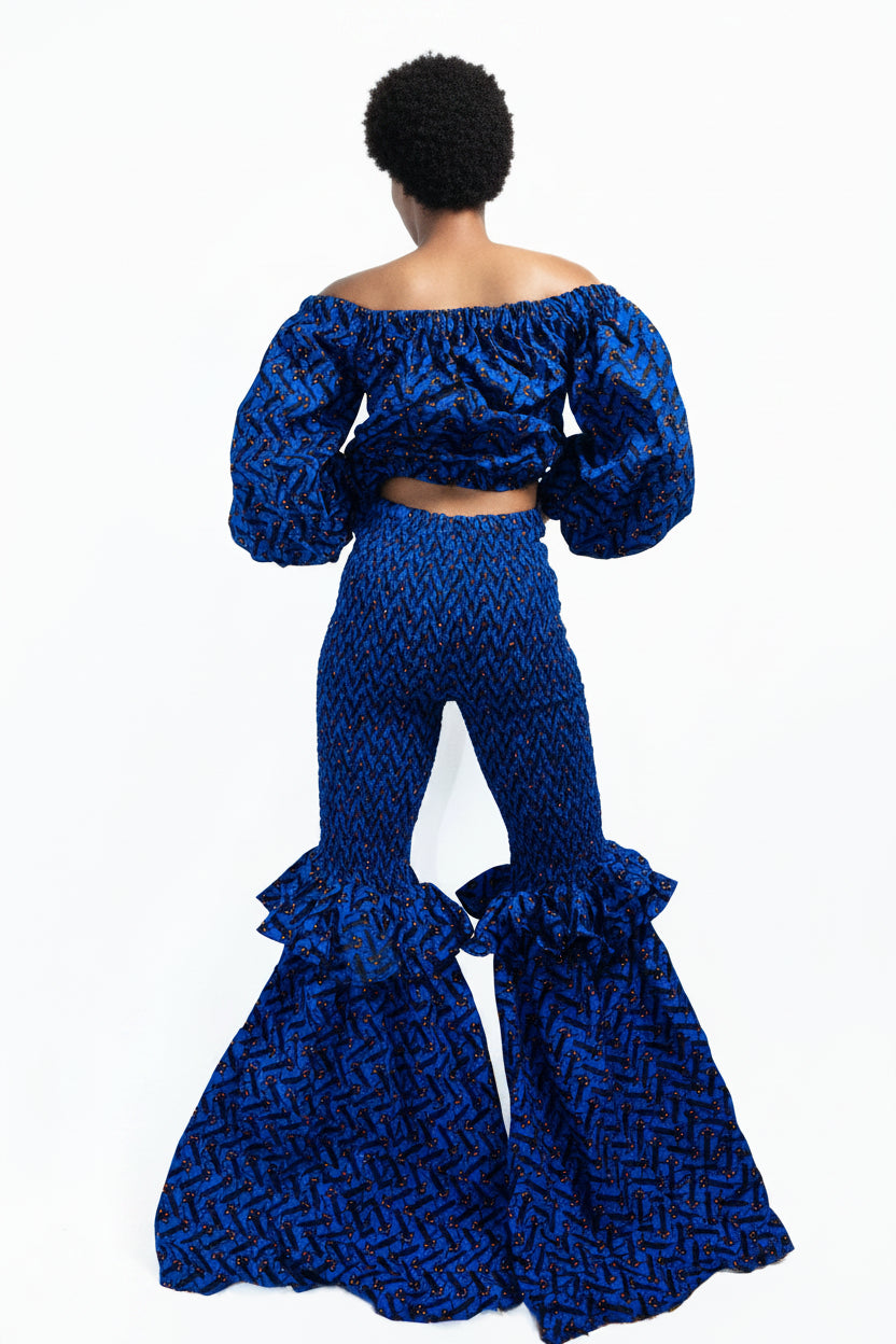 Juneteenth Off-Shoulder African Print Crop Top and Ankara Smocked Two-Step Bell