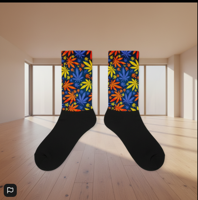 Colorful floral-patterned socks with black soles on a wooden floor.