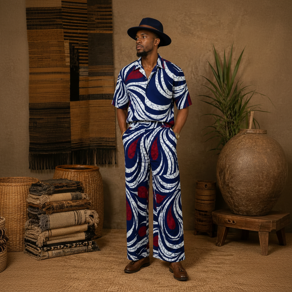 Man wearing ASAKE-OGE blue and red patterned outfit standing in a rustic interior setting.