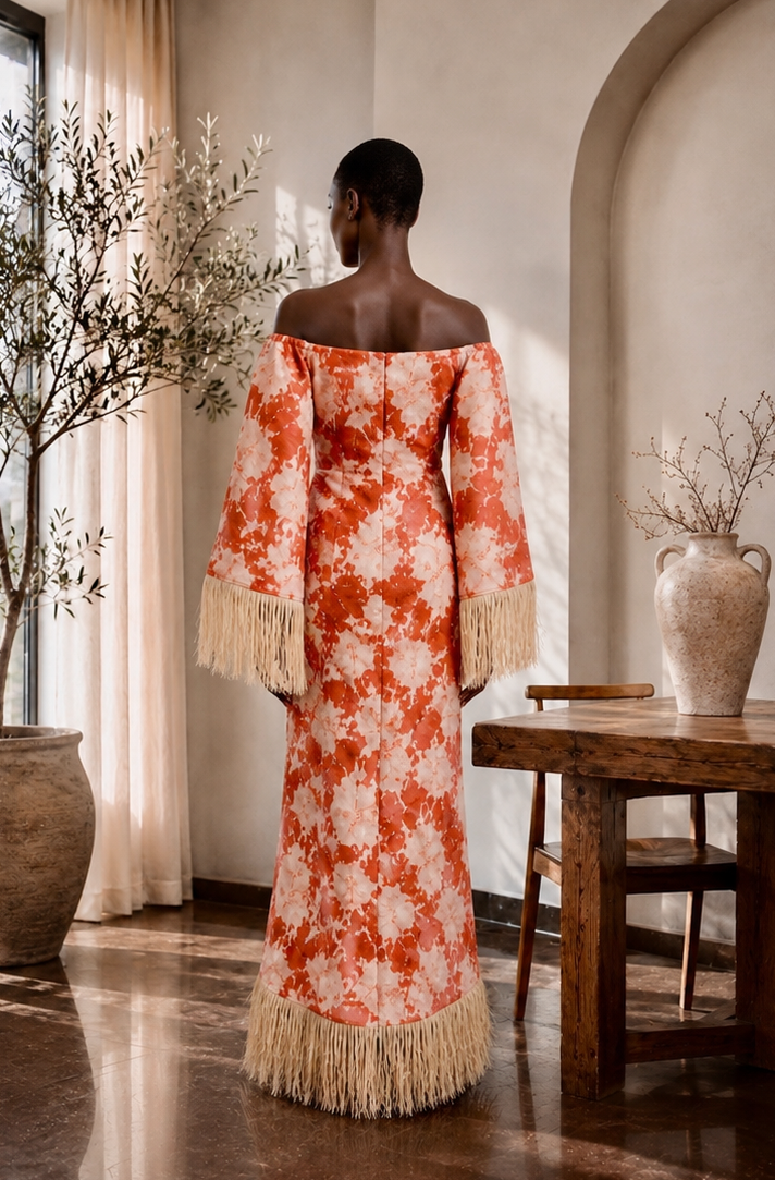 ASAKE-OGE | Solara Fringe Gown | Off-Shoulder Couture Column Dress | PRE ORDER