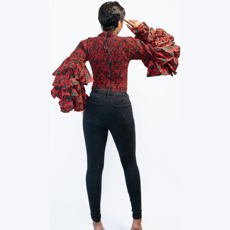 Sisi Bishop Collar Multi-Layer Long Sleeve Ankara African Print Body Suit Top