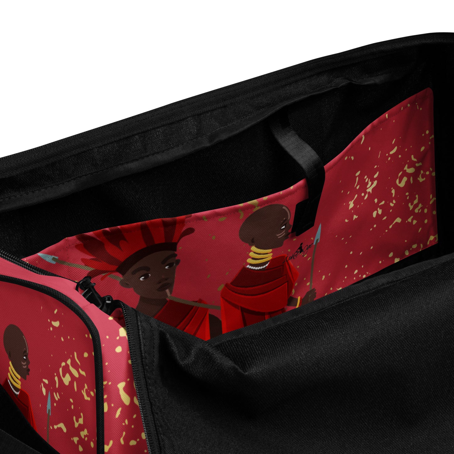 Spacious inside side pocket of Agojie Opal Duffle bag; clothed in the custom gold flakes and Warrior print in deep pink background.