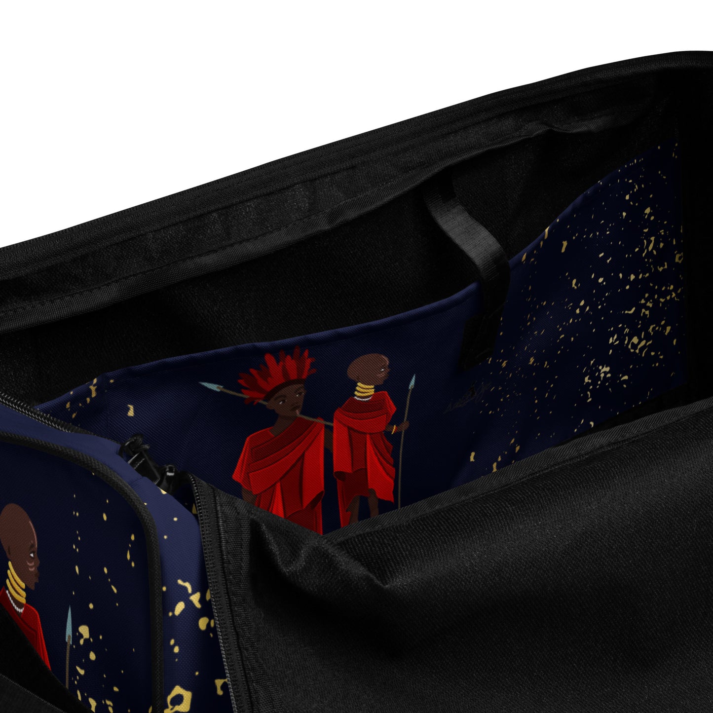 Spacious inside side pocket of Agojie Jeans Duffle Bag; clothed in the custom gold flakes and Warrior print in deep blue background.