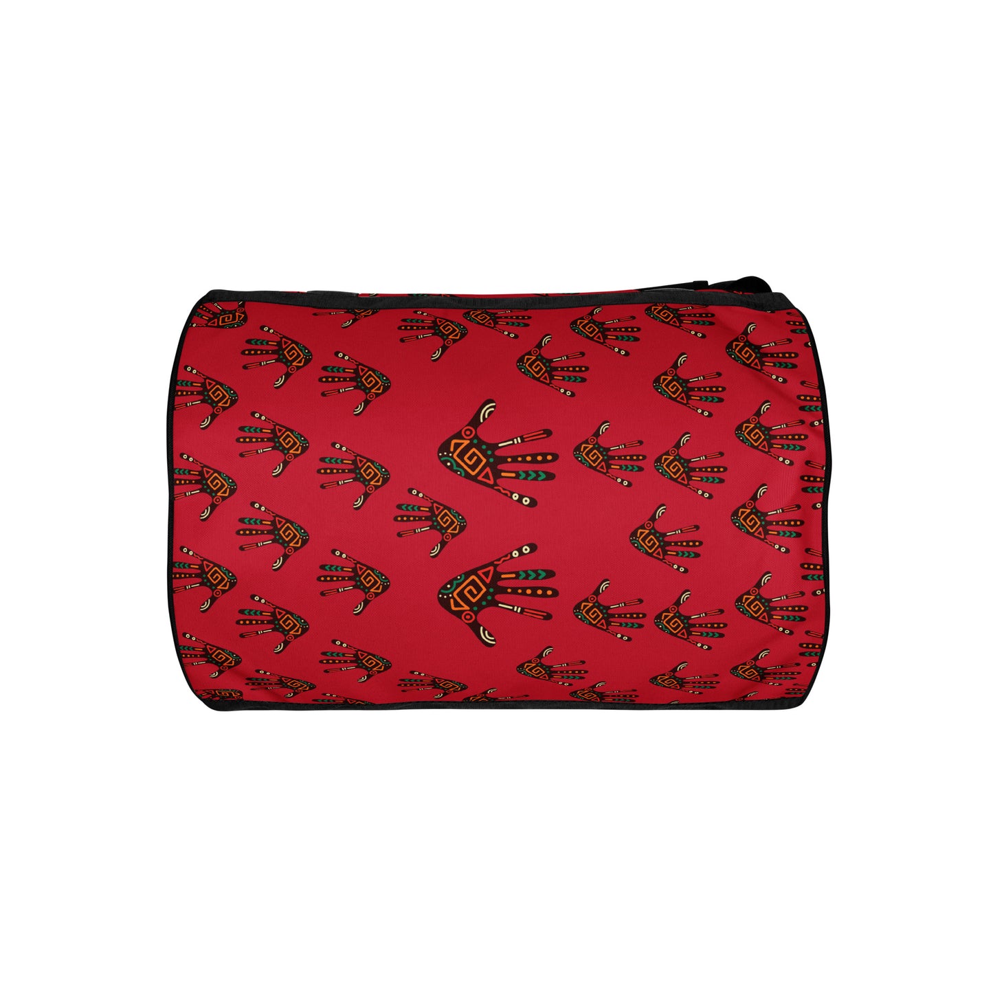Bottom View of Duro Crimson Overnight Gym Bag showing Tribal Palm Print upclose