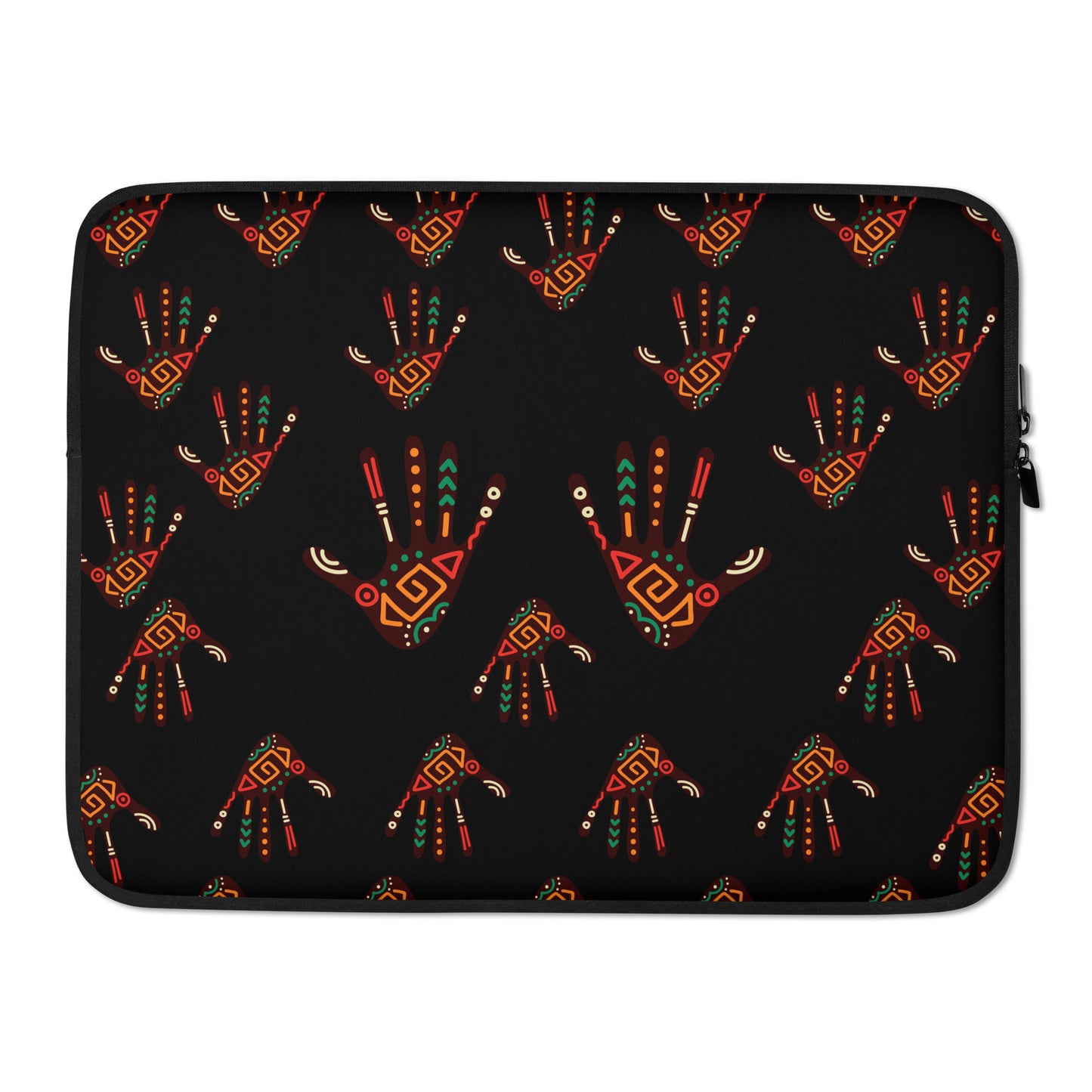 A 15 inch black laptop sleeve with a vibrant, tribal palm print design featuring brown, red, orange, green, and cream colours.