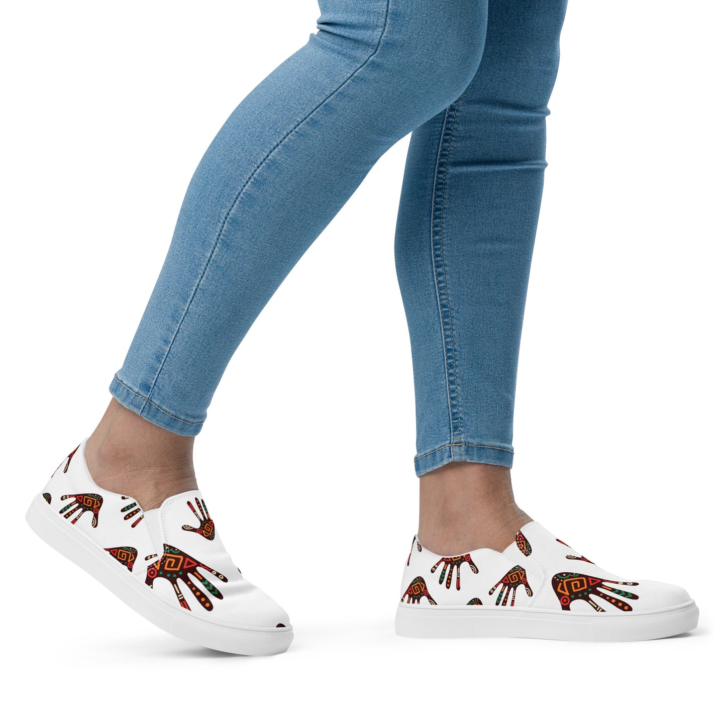 Duro White Tribal Palm Print Women's Slip-On Canvas Shoes - Breathable