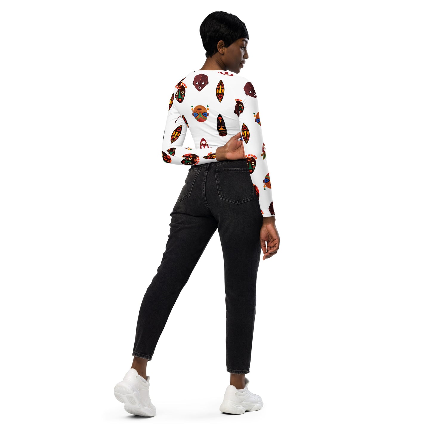 Chi Mask Motif Recycled African Print Long Sleeve Crop Top