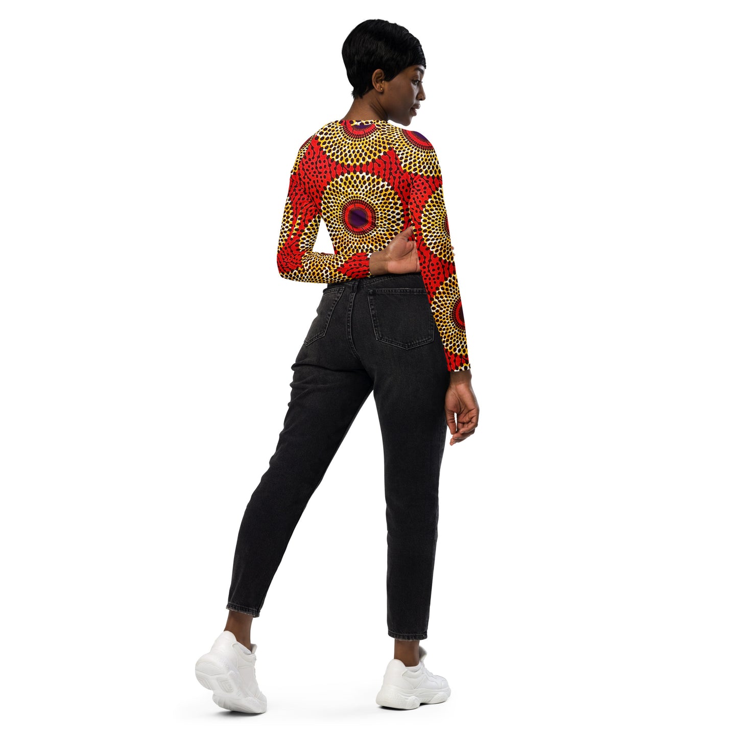 Rekiana Sunburst Ankara Print Recycled Long Sleeve Crop Top - Stretch