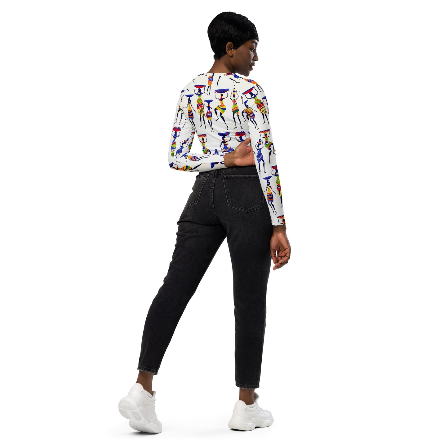 Yeye Artisan Print Women’s Recycled Long Sleeve Crop Top - High Performance
