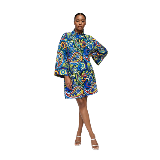 Kim Ocean-Dreams Ankara Long-sleeve African Print Shirt-dress