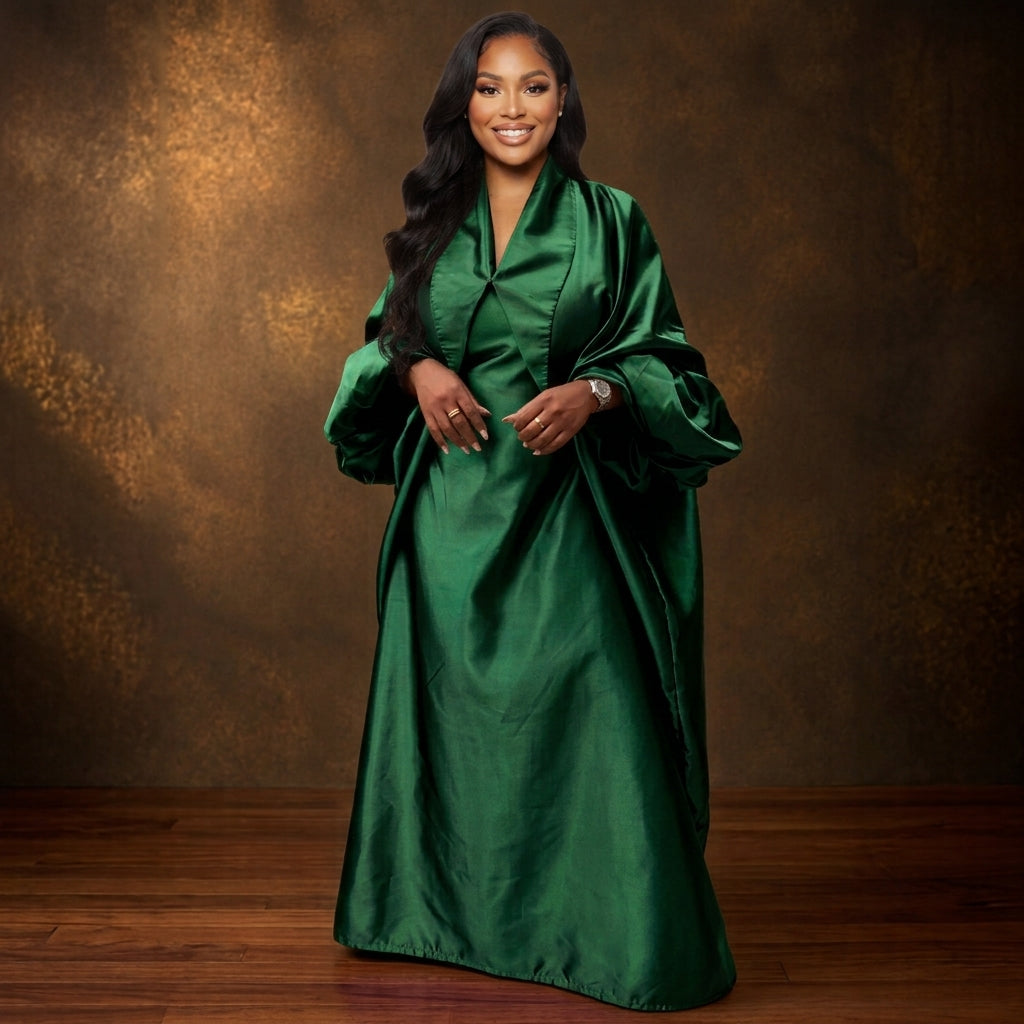 ASAKE-OGE Abeni red kaftan boubou with dramatic gathered balloon sleeves and floor-length silhouette.