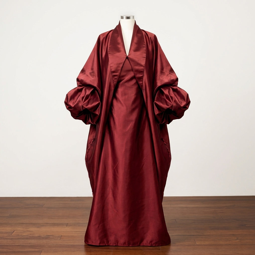 ASAKE-OGE Abeni luxury kaftan boubou in royal purple with a shawl neckline and sculptural sleeves, styled on a model.