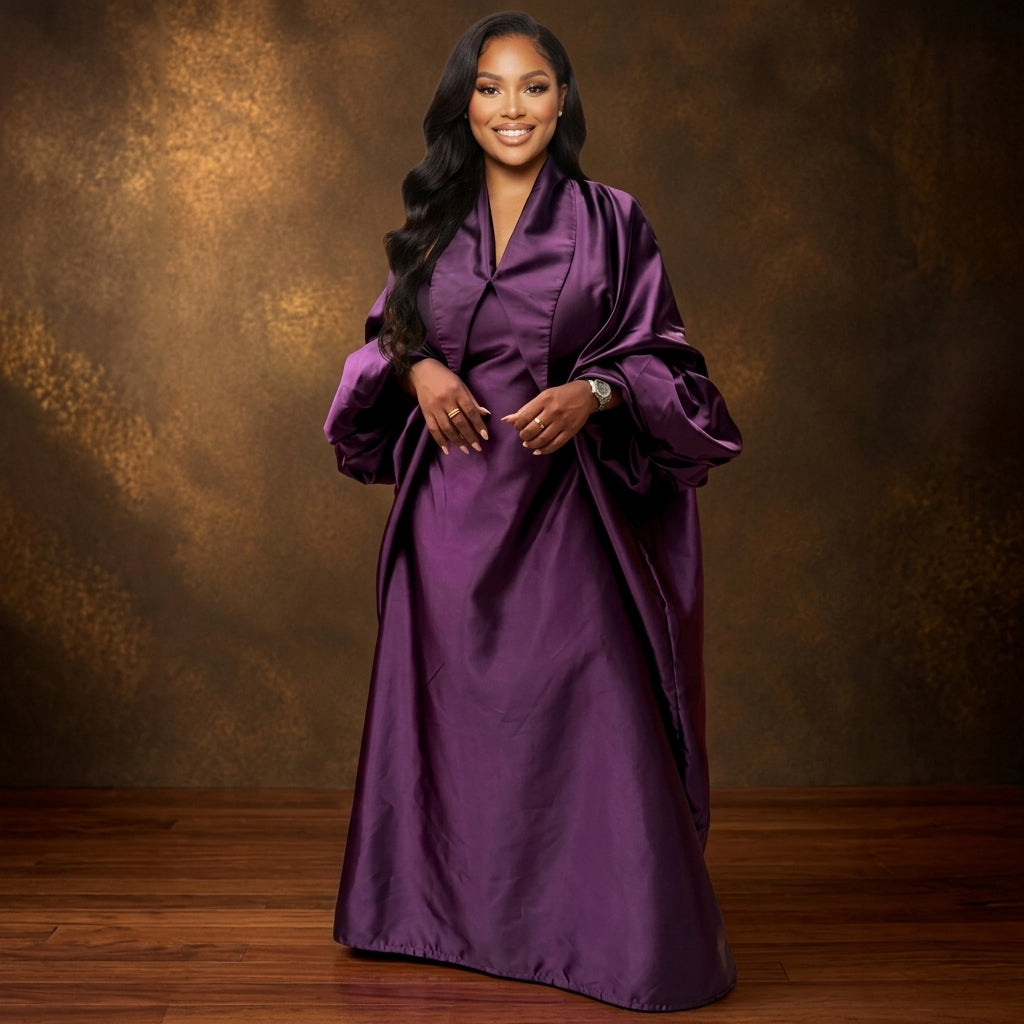 ASAKE-OGE Abeni PURPLE kaftan boubou with dramatic gathered balloon sleeves and floor-length silhouette.