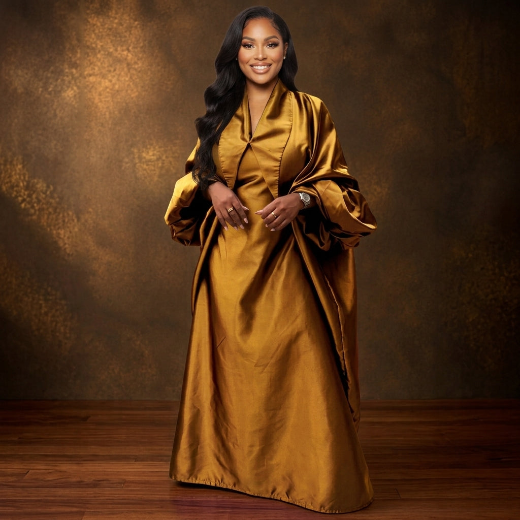 ASAKE-OGE Abeni royal gold kaftan boubou with oversized balloon sleeves.