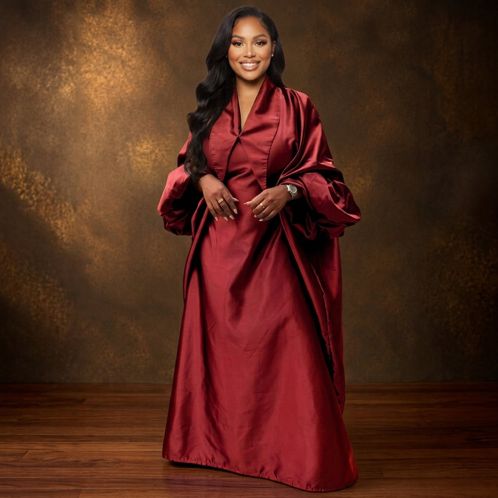 ASAKE-OGE Abeni red kaftan boubou with dramatic gathered balloon sleeves and floor-length silhouette.