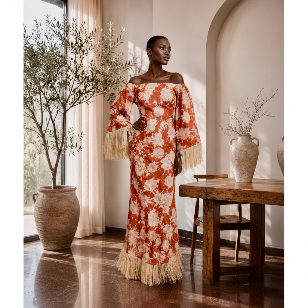 African Print Off-Shoulder Fringe Gown — Couture Column Dress | ASAKE-OGE Solara