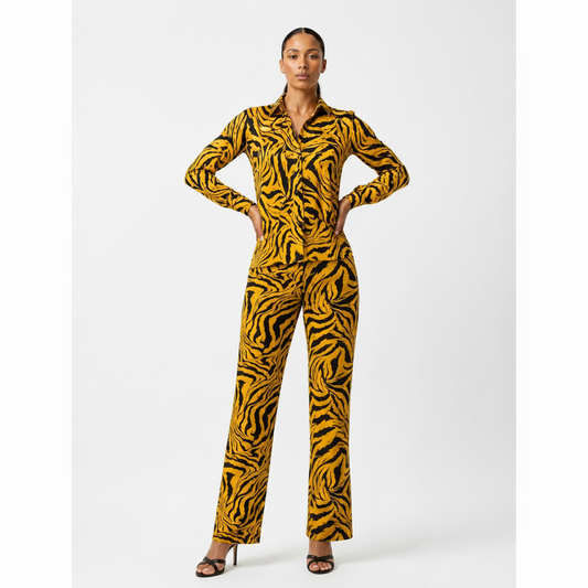 Woman wearing aAfrican Print Ankara Co-ord Set  Two-Piece Wide Leg Pant Suiton a white background