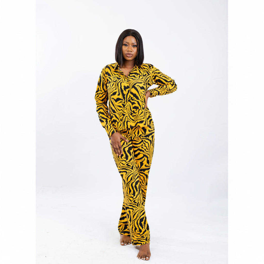 Woman wearing a African Print Ankara Co-ord Set  Two-Piece Wide Leg Pant Suit on a white background