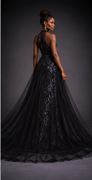 Woman wearing an African Print Architectural Mesh Couture Gown — Illusion Halter Column Evening Dress| PRE ORDER against a dark background