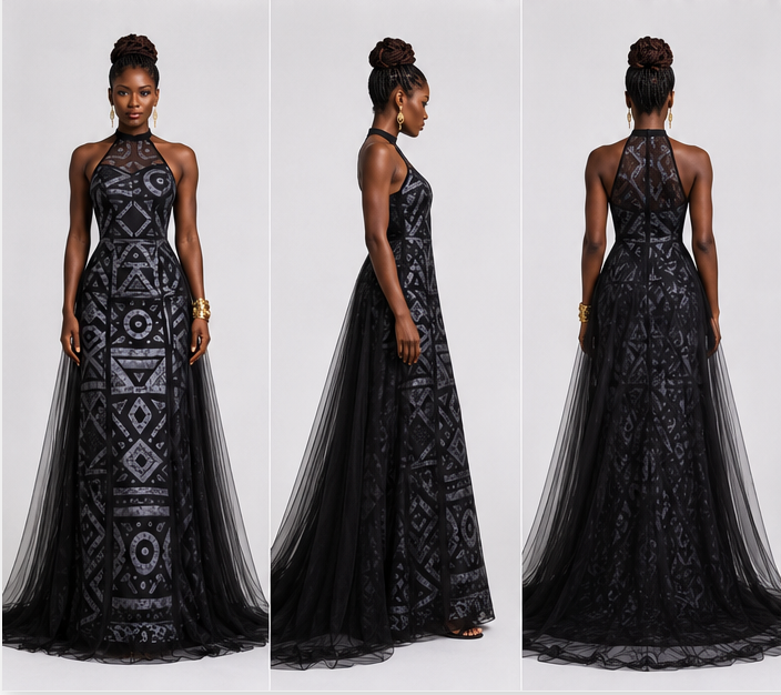 Black evening gown with geometric patterns on a white background