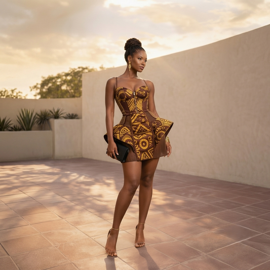 A woman models a brown and gold patterned mini dress with a structured corset-style bodice and flared skirt, standing on a tiled patio against a beige wall at sunset.