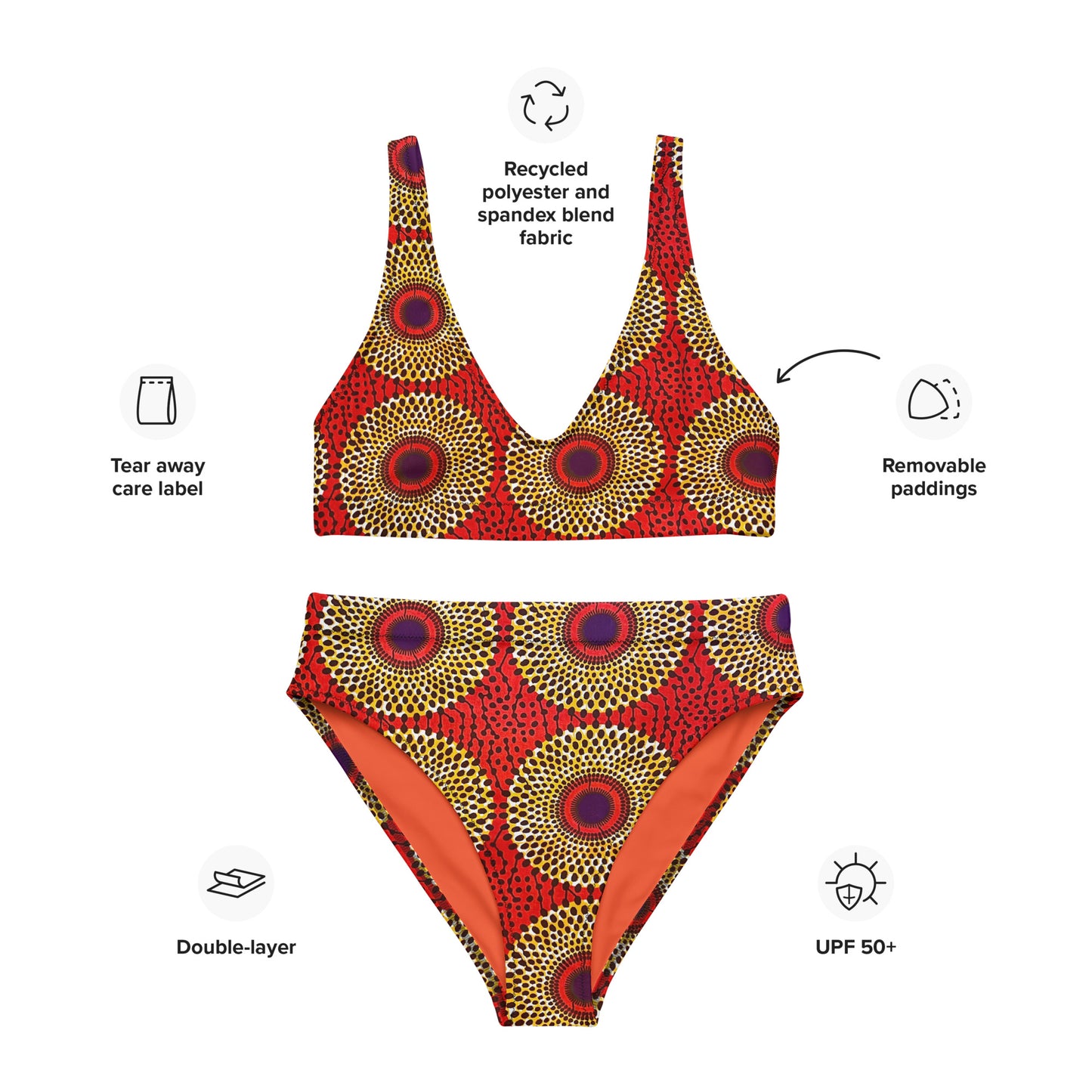 African Print High Waist Bikini, Recycled UPF50+ | ASAKE-OGE