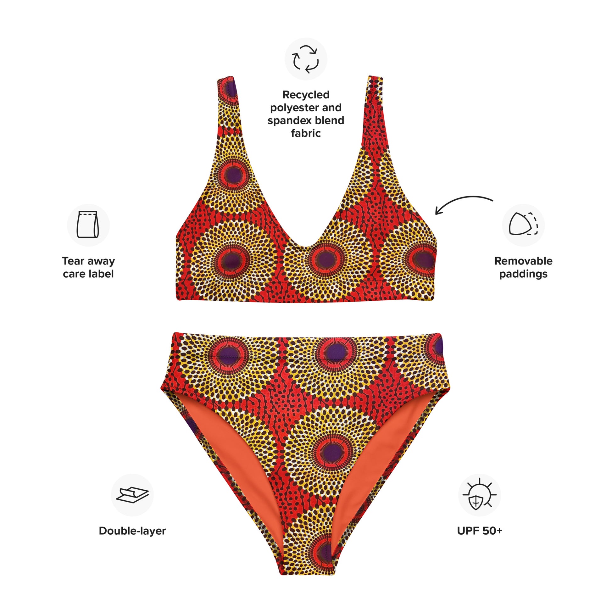 African Print High Waist Bikini, Recycled UPF50+ | ASAKE-OGE