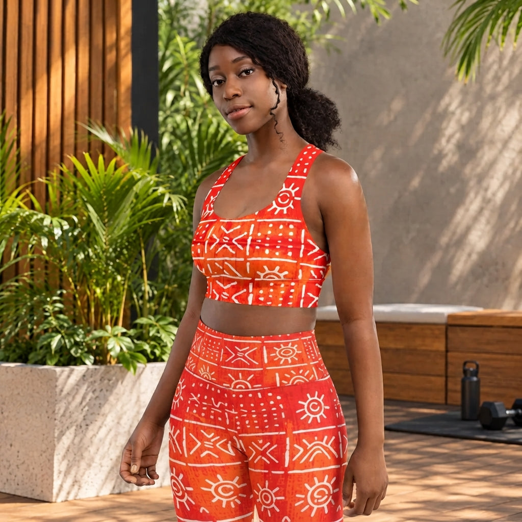 A woman modeling a matching two-piece activewear set with a vibrant orange, red, and white geometric pattern, set against an outdoor patio background with plants.