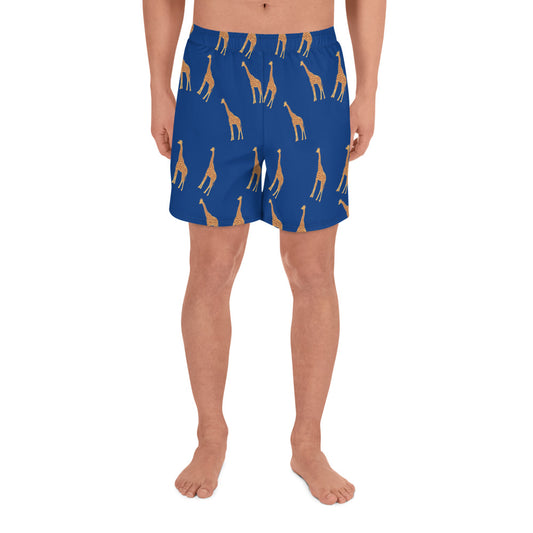 A man wearing blue athletic African Print Men's Athletic Shorts | ASAKE-OGEwith a giraffe print design.