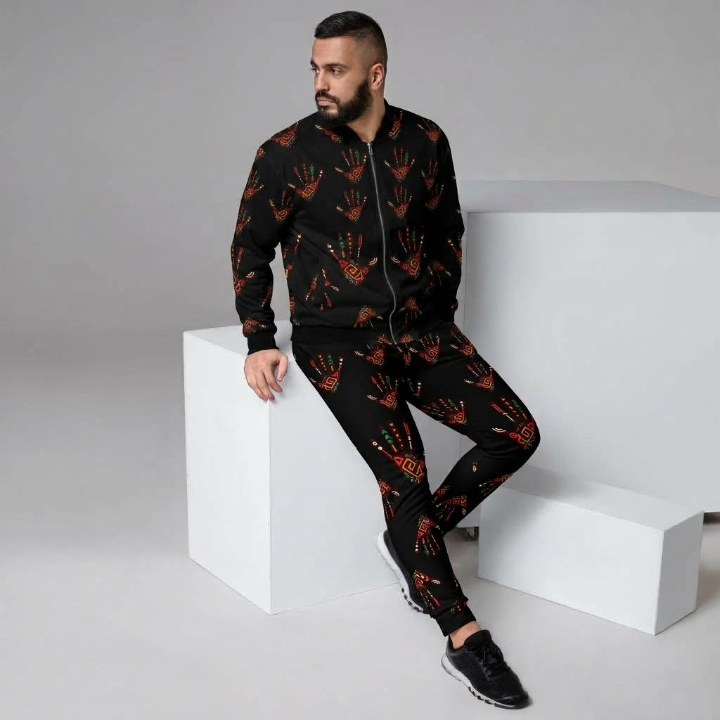 African Print Men's Joggers — Duro Tribal Palm Print Black Fleece Jogger Pants