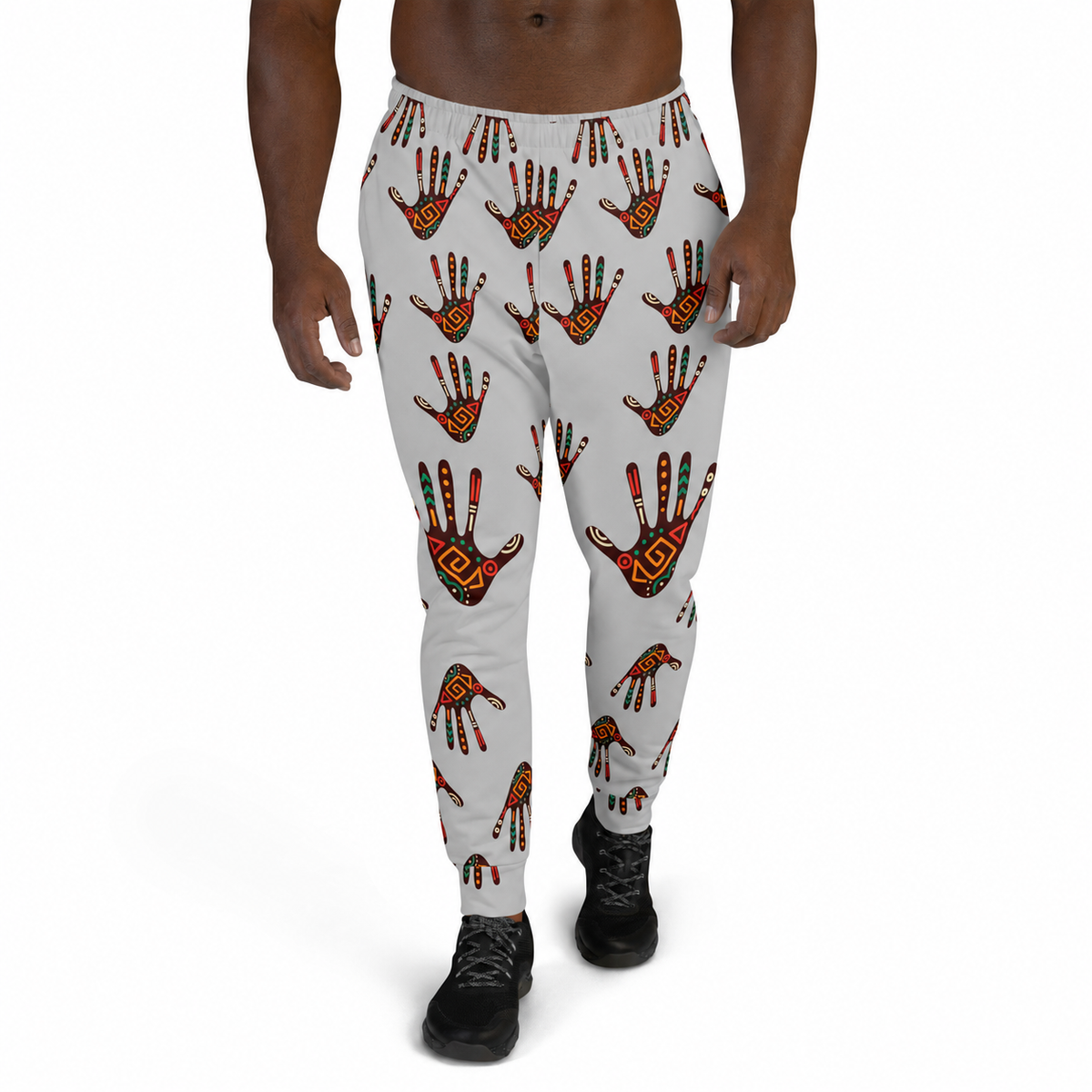 African Print Men's Joggers — Duro Tribal Palm Print Grey Fleece Sweatpants