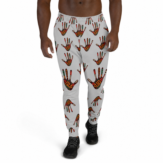 African Print Men's Joggers — Duro Tribal Palm Print Grey Fleece Sweatpants
