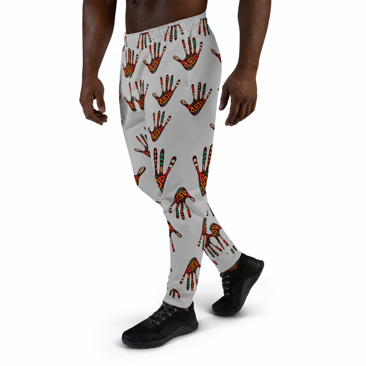 African Print Men's Joggers — Duro Tribal Palm Print Grey Fleece Sweatpants