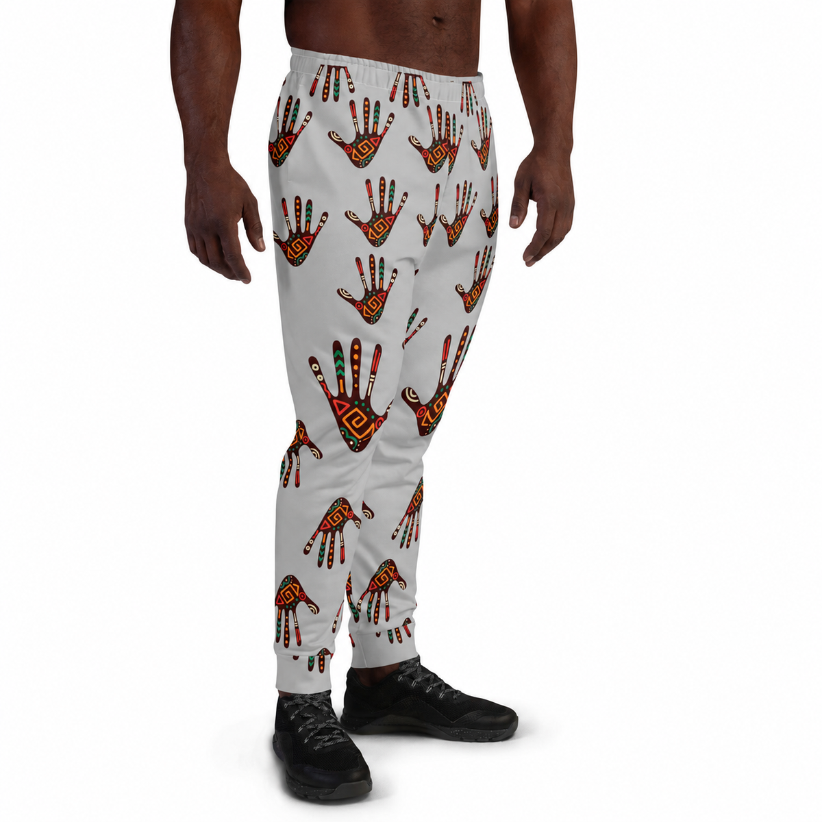 African Print Men's Joggers — Duro Tribal Palm Print Grey Fleece Sweatpants