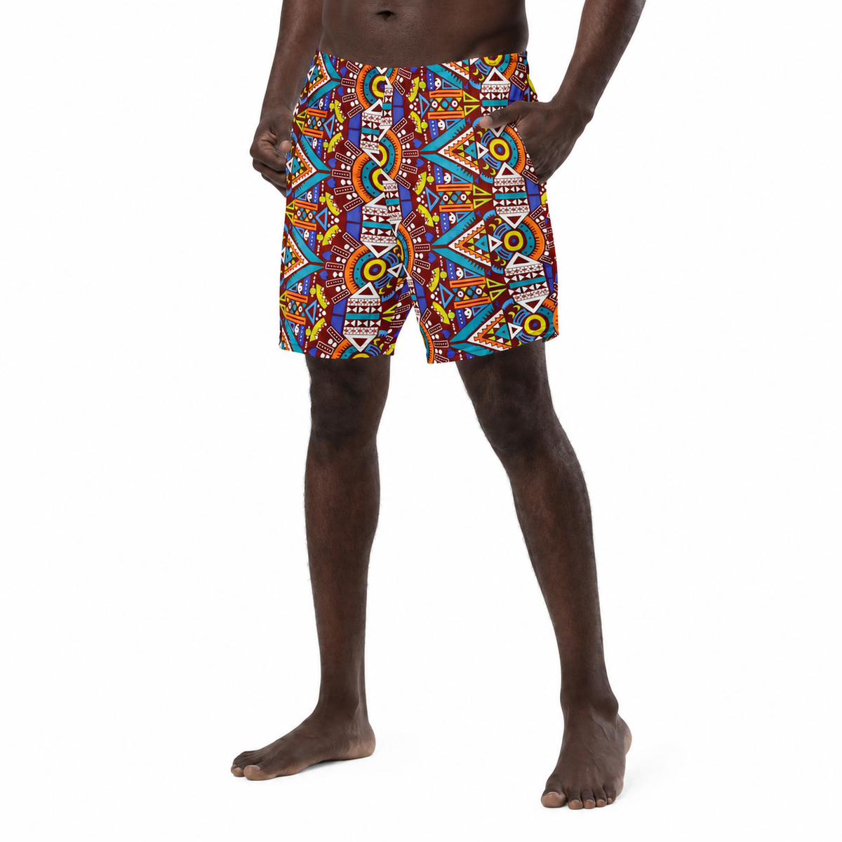 African Print Men's Swim Trunks — Tozi Aztec Print Recycled Board Shorts