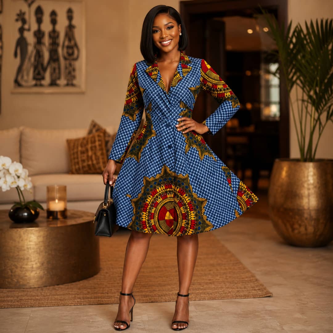 A woman models African Print Midi Wrap Dress: Long Sleeve Ankara Shirt Dress | ASAKE-OGE in a warm, modern living room setting.