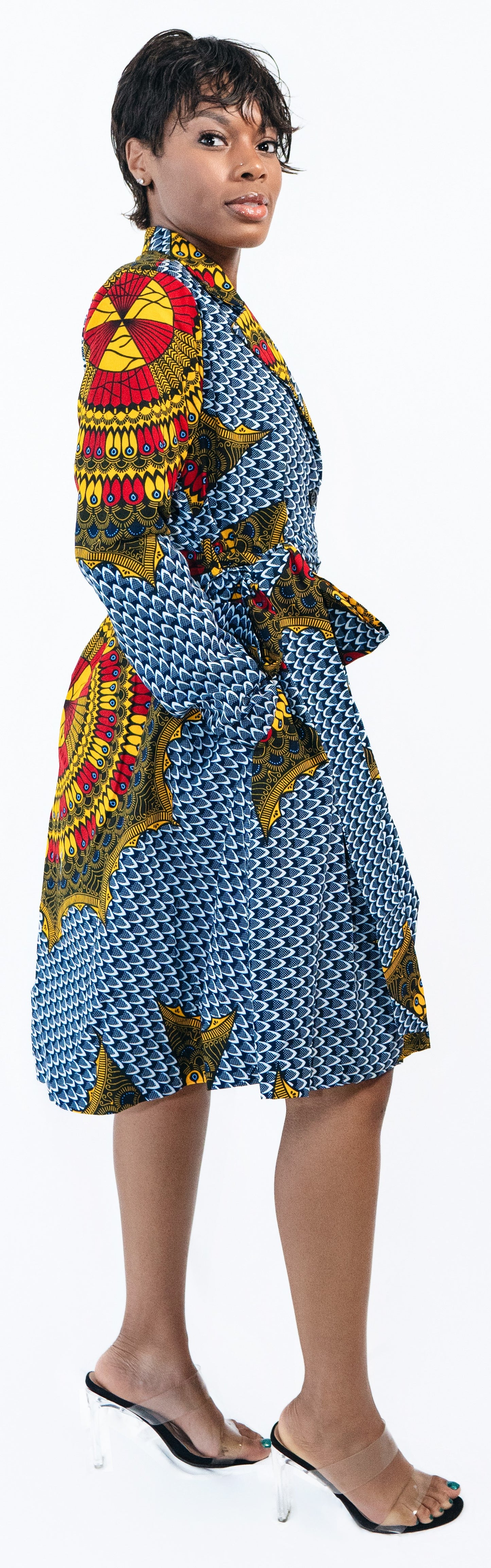 African Print Midi Wrap Dress: Long Sleeve Ankara Shirt Dress | ASAKE-OGE