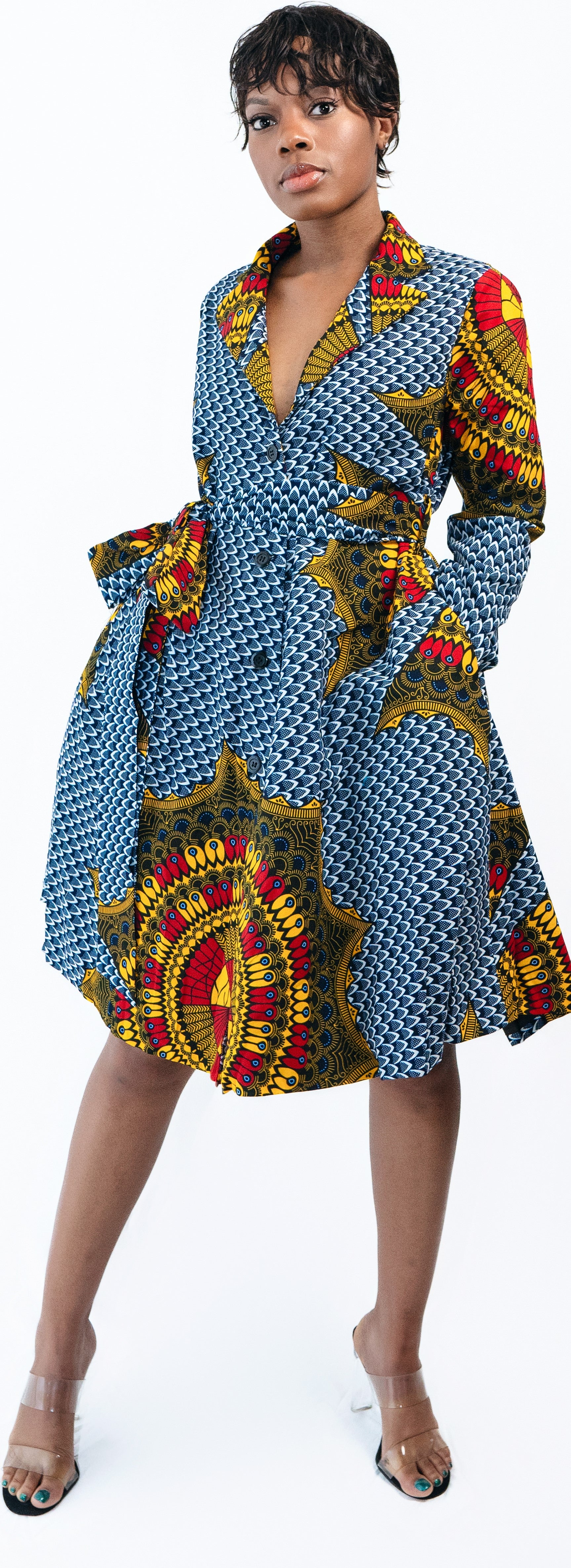 African Print Midi Wrap Dress: Long Sleeve Ankara Shirt Dress | ASAKE-OGE