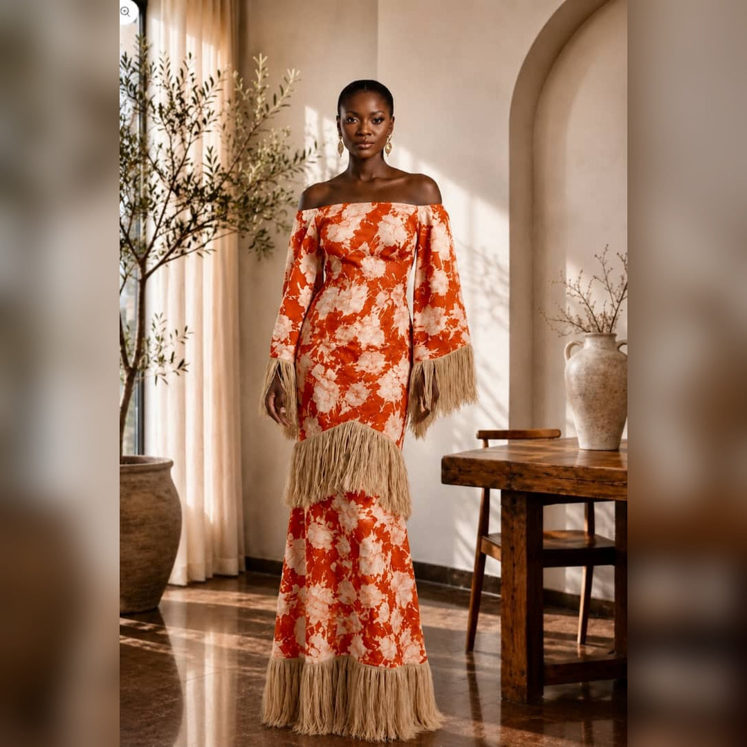 African Print Fringe Couture Column Gown