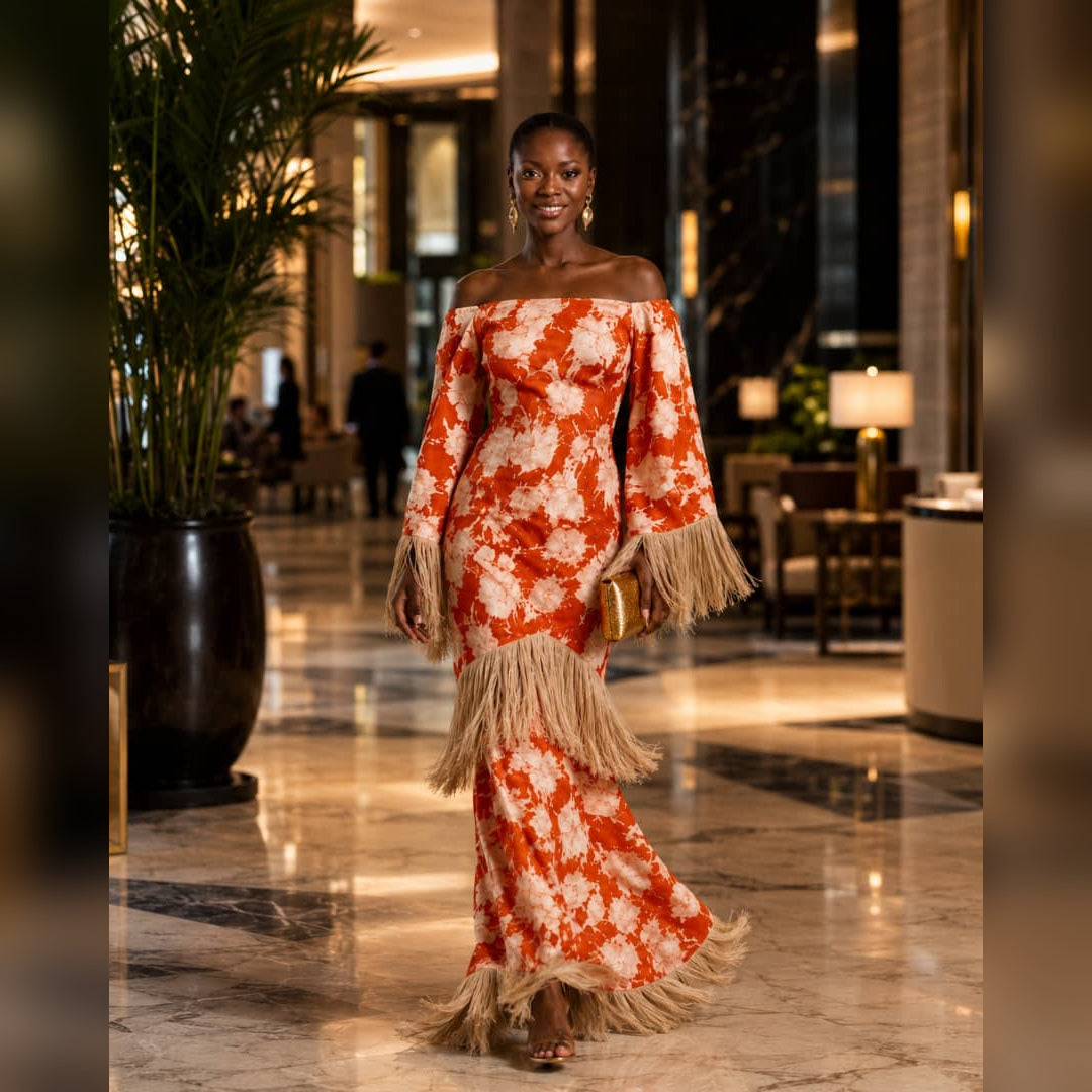 A woman walks through a grand hotel lobby wearing a vibrant orange and white floral off-the-shoulder maxi dress with beige fringe details. She is holding a small gold clutch.