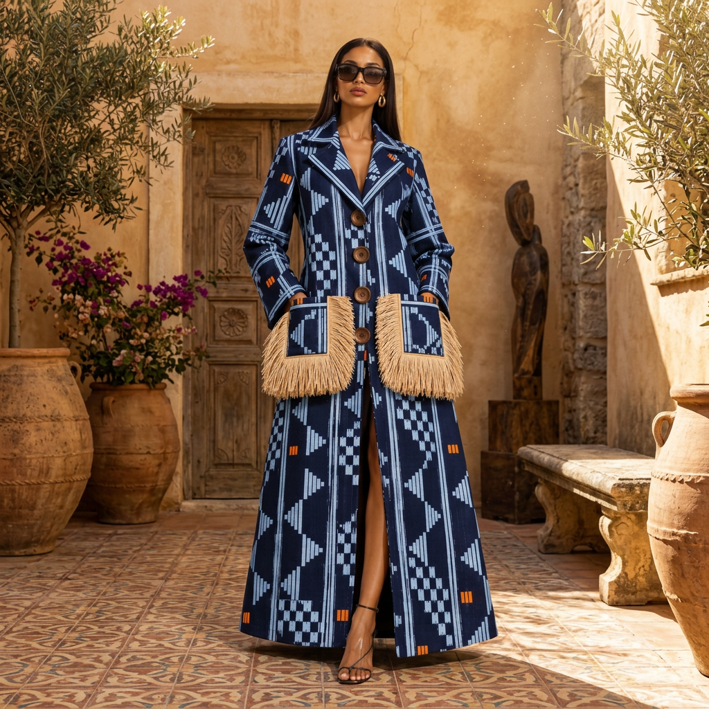 A woman models asake oge long navy blue patterned coat with geometric designs, tan fringe trim, and large brown buttons in an elegant indoor setting.