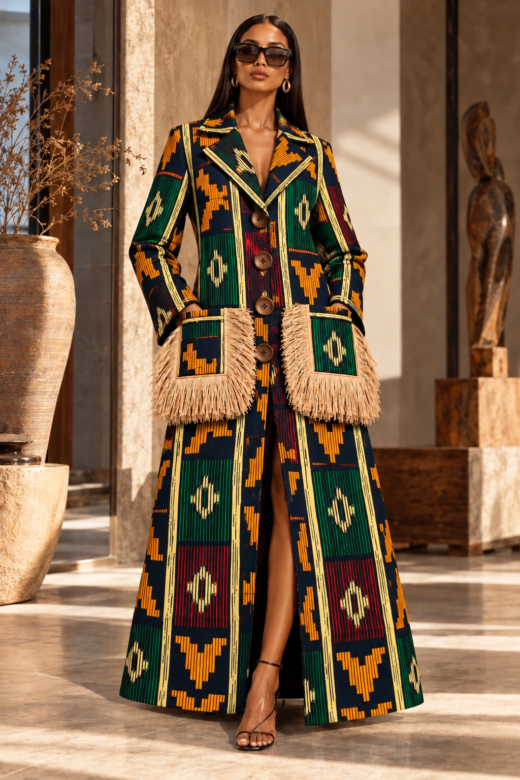 A woman models a long, wide-collar coat with a bold geometric pattern in green, yellow, red, and beige, featuring fringe trim on the pockets. She is wearing dark sunglasses and black strappy heels, standing in a modern interior setting with warm lighting.