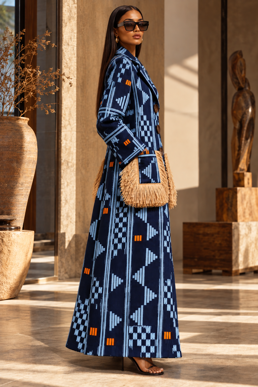 A woman stands in a sunlit architectural corridor wearing a long navy dress with a geometric tribal-style pattern in white and light blue, accented with small orange blocks. She is also wearing a woven straw crossbody bag and dark sunglasses.